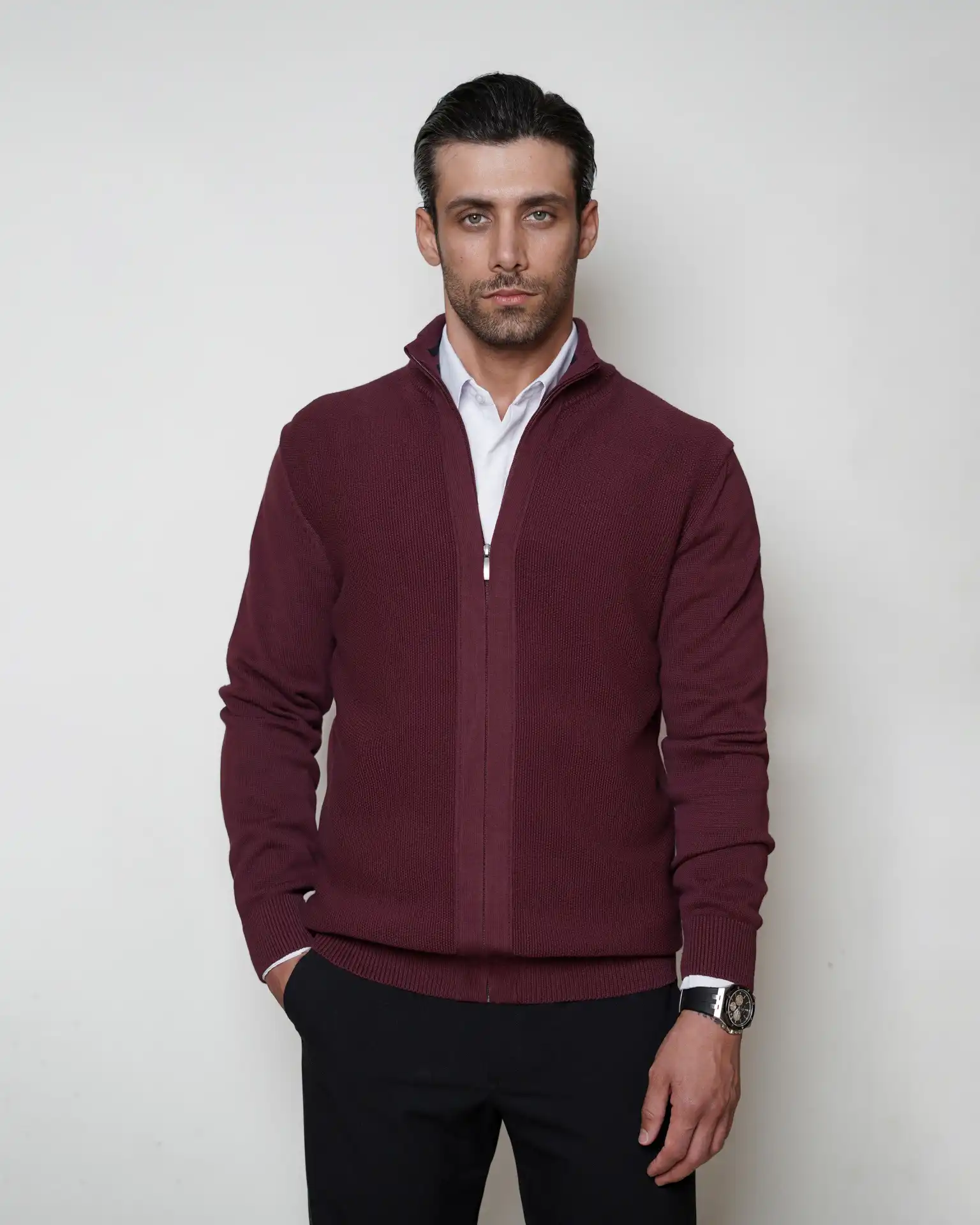 110030038613236 ژاکت بافت زیپی یقه ایستاده مردانه کد 030 - تصویر 1